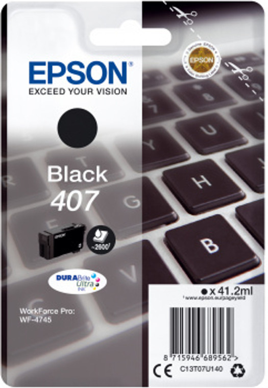 Epson C13T07U140 407 Black Ink Cartridge (Keyboard), 2.6K pages, 41ml