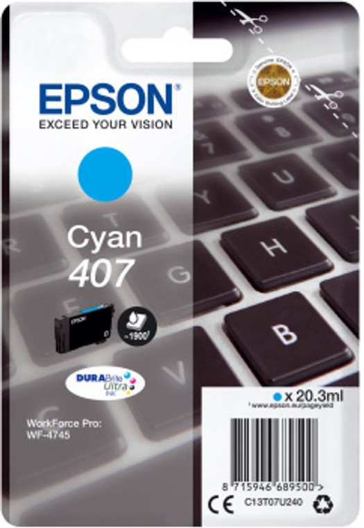 Epson C13T07U240 407 Cyan Ink Cartridge (Keyboard), 1.9K pages, 20ml