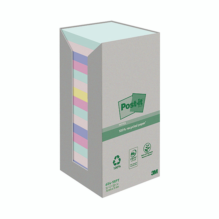 Post-it Recycled Notes Asst Colour 76x76mm 100 (Pack of 16) 7100259226