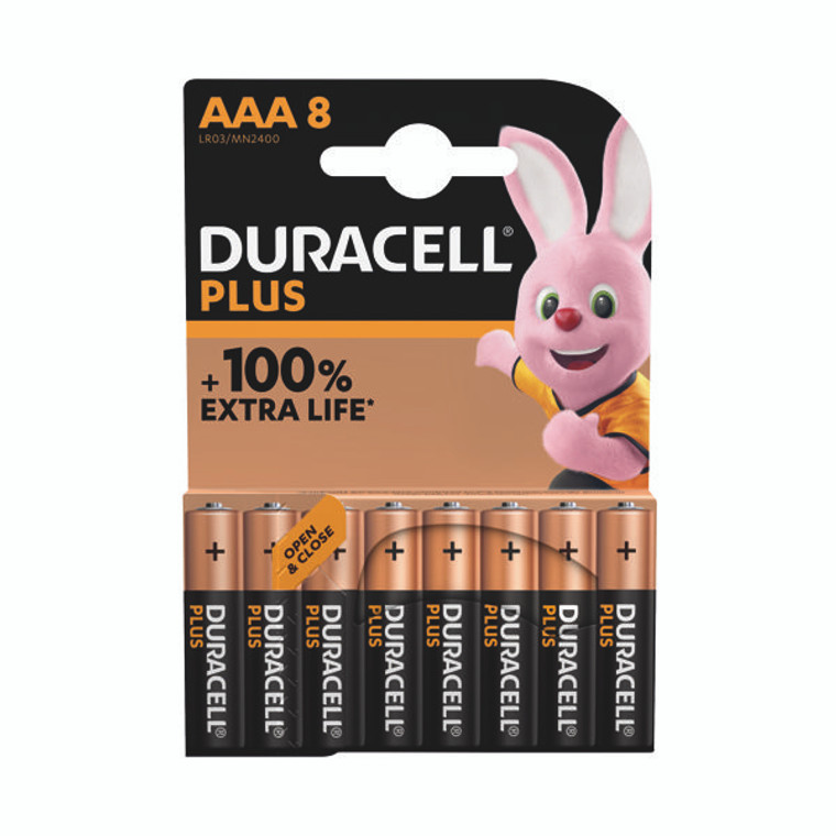 Duracell Plus AAA Battery Alkaline 100% Extra Life (Pack of 8) 5009380