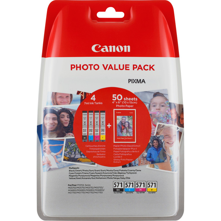 Canon  0386C006/0386C007 CLI-571 Ink Cartridge Multipack BkCMY 7ml + 50 Sheets Photopaper 10x15cm