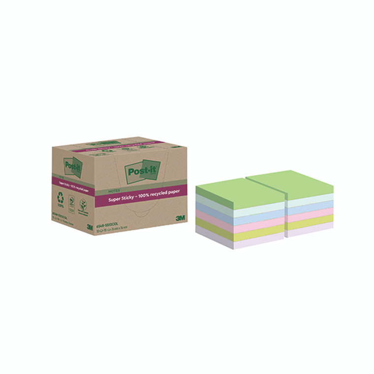 Post-it Super Sticky Recycled 76x76mm Assorted Pack of 12 654 RSS12COL