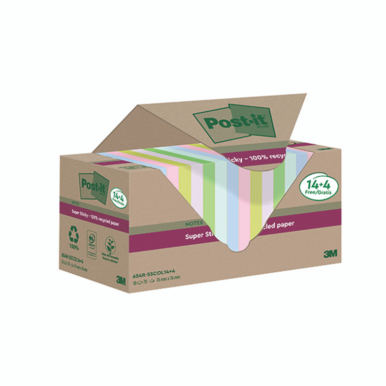 Post-it Super Sticky Recycled 76x76 Assorted (Pack of 18) 654RSSCOL14+4F