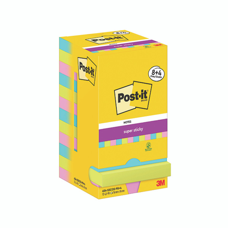 Post-it Super Sticky Notes 76x76mm 90 Sheets Cosmic 8 + 4 FREE (Pack of 12) 654-SSCOS-P8+4