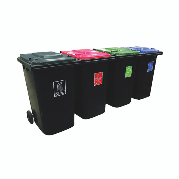 VFM Wheelie Bins 240L With Colour Coded Lids/Stickers (Set of 4) 426069