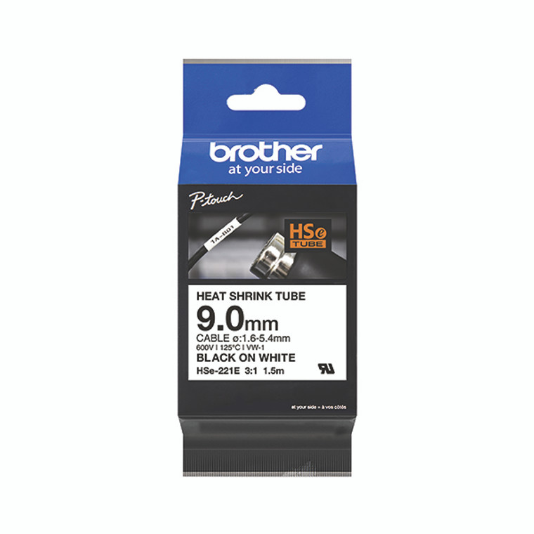 Brother HSe-221E 9.0mm Black on White Heat Shrink Tube Tape HSE221E