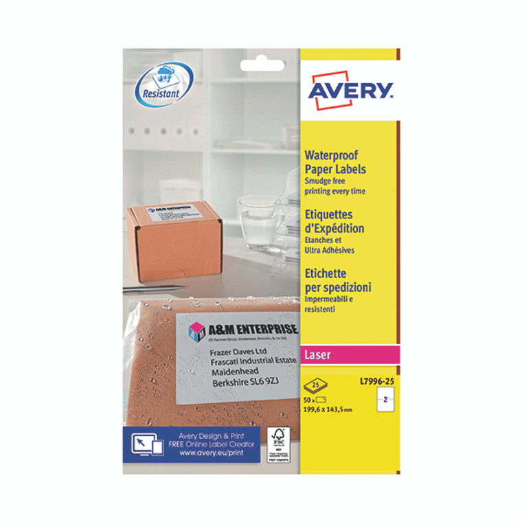 Avery Waterproof Paper Label 199x143mm 2 Per Sheet (Pack of 50) L7996-25