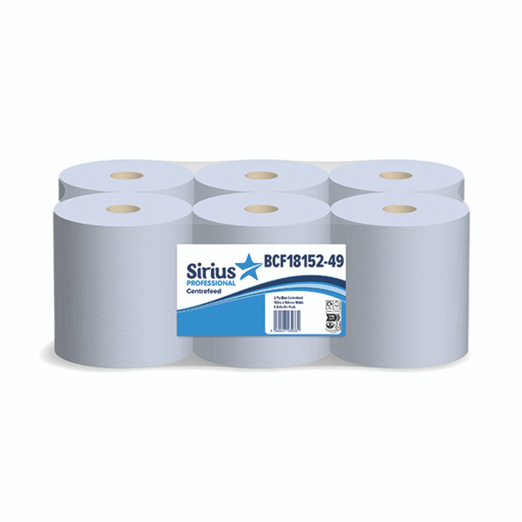 Sirius 2-Ply Centrefeed Rolls 166mmx150M Blue Pack of 6 BCF18152-49