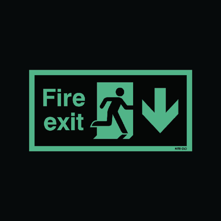 SR71671 Safety Sign Niteglo Fire Exit Running Man Arrow Down 150x450mm Self-Adhesive NG28A S