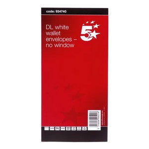 5 Star DL Wallet Envelope Self Seal 80gsm 220x110mm White Retail Pack (Pack of 50) 934740