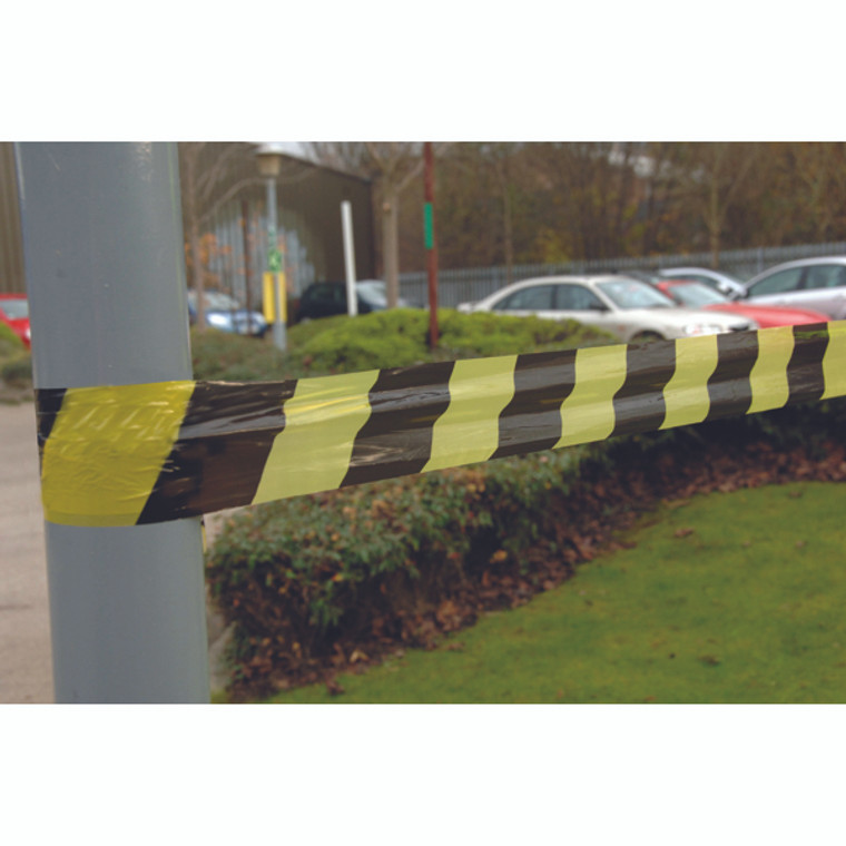 SBY04280 VFM Striped Tape Barrier 500m Black Yellow Non-adhesive suitable indoor or outdoor use 304927