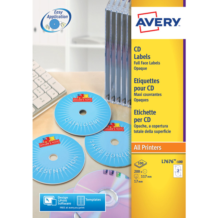 AV98785 Avery Laser CD DVD Full Face Label 2 Per Sht Wht Pack 50 L7676-25