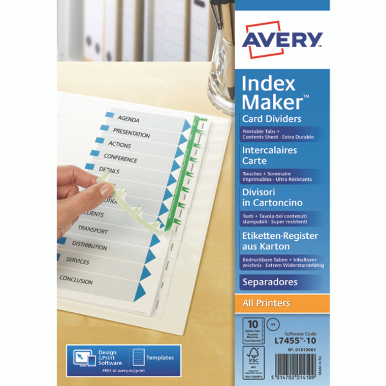AV07569 Avery Index Maker Divider 10-Part Punched A4 White 01812061