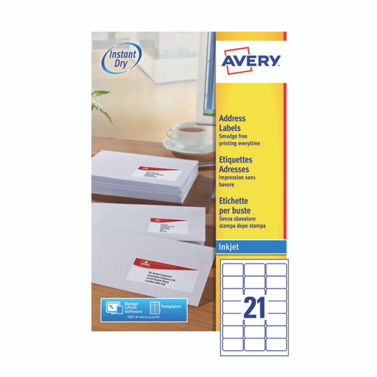 AV10615 Avery Inkjet Address Labels 21 Per Sheet White Pack 525 J8160-25