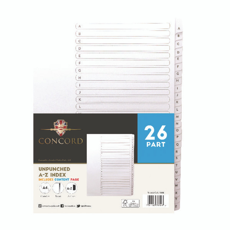 JT75601 Concord Unpunched Index A-Z 26 Part A4 150gsm White Pack 5 75601