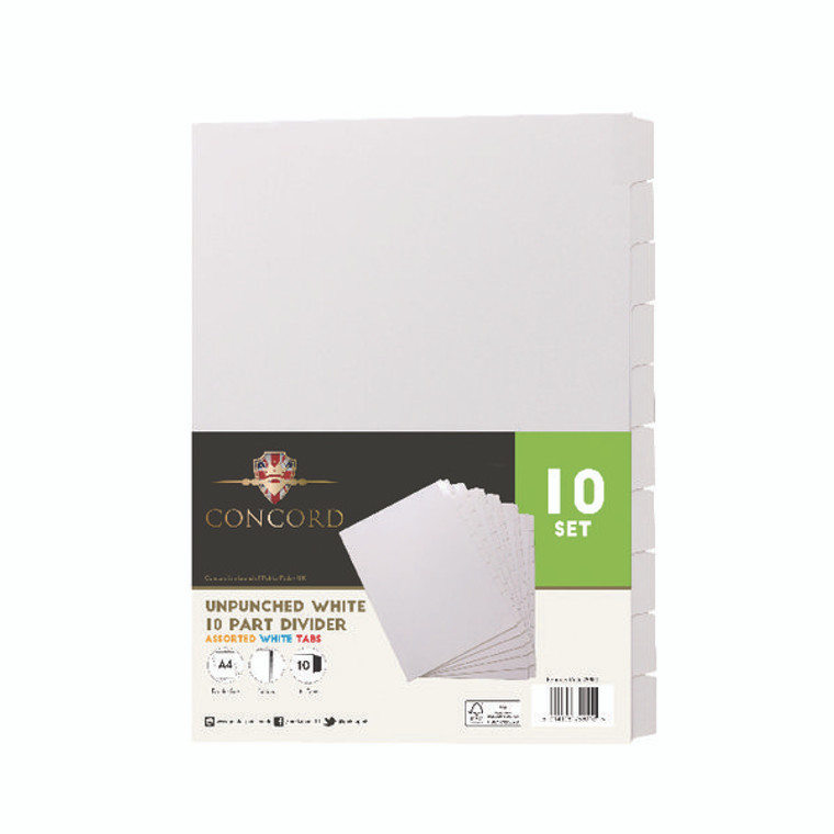 JT75801 Concord Unpunched Divider 10-Part A4 150gsm White Pack 10 75801