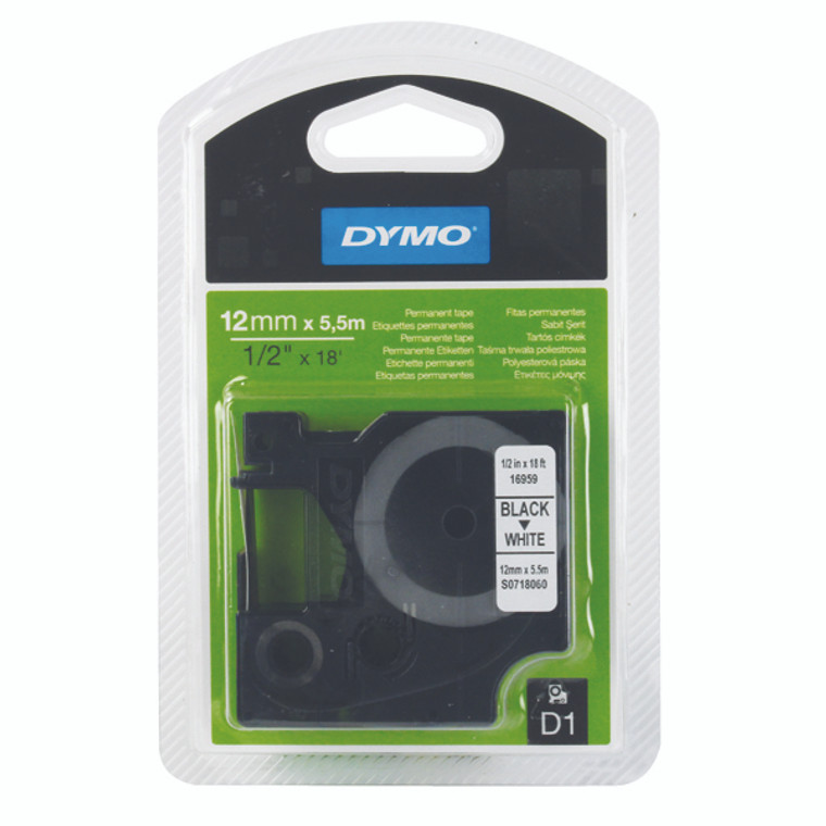 ES16959 Dymo Polyester D1 Tape 16959 Black On White 12mm S0718060