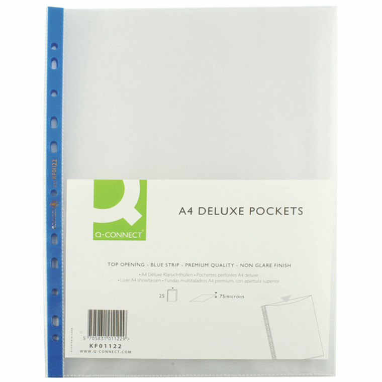 KF01122 Q-Connect Delux Punched Pocket Top Opening Blue Strip A4 Clear Pack 25 KF01122