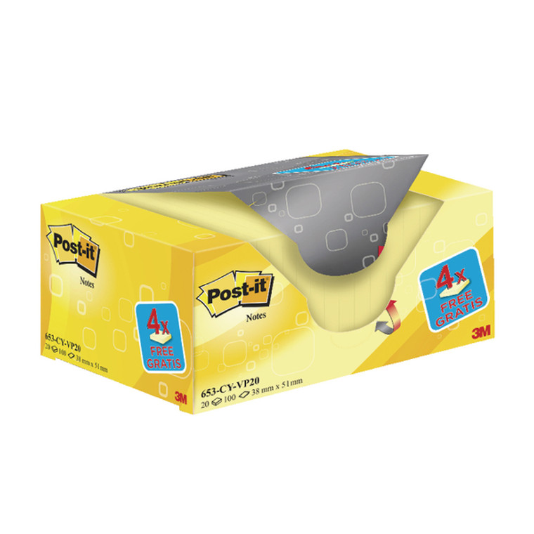 3M90694 Post-it Notes 38 x 51mm Canary Yellow Pack 20 653CY-VP20