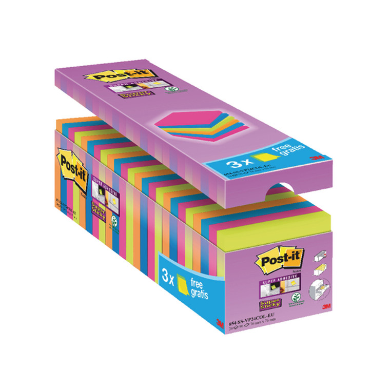 3M98406 Post-it Super Sticky 76x76mm Assorted Pack 24 654-SS-VP24COL-EU