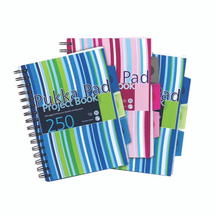 PP00262 Pukka Pad Stripes Polypropylene Project Book 250 Pages A5 Blue Pink Pack 3 PROBA5