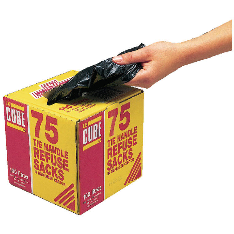 RY01763 Le Cube Tie Handle Refuse Sacks With Dispenser 100 Litre Black Pack 75 0481