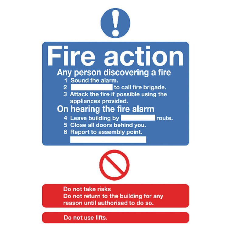 SR11225 Safety Sign Fire Action Standard A5 Self-Adhesive FR03551S