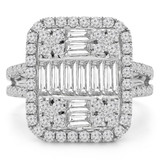 2 CTW Baguette Diamond Vintage Cluster Cushion Halo Cocktail Ring in 18K White Gold (MD190285)