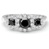1 1/10 CTW Round Black Diamond Halo Three-stone Engagement Ring in 10K White Gold (MDR140088)