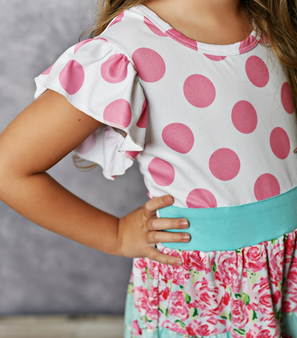 Adorable Sweetness- Pink and Blue Polka Dot Tiered Dress