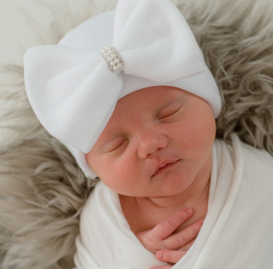 ILY Bean- White Pearl and Rhinestone Bow Newborn Hat