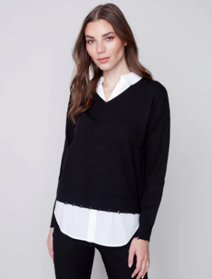 Charlie B- V Neck Sweater with Shirt Collar