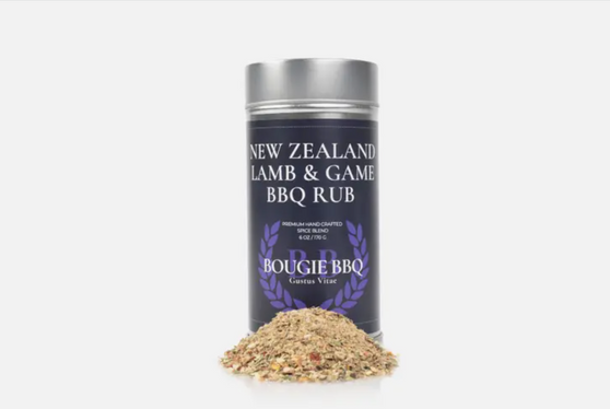 New Zealand Lamb & Game BBQ Rub Contains: 
Garlic, Onion, Sea Salt, Rosemary, Black Pepper, Oregano, Cane Sugar, Marjoram, Sage, Crushed Red Pepper Flakes, Mustard Powder, Lemon Peel, Red Bell Pepper, Orange Peel, Celery Seed, Cinnamon, Ginger, Cumin, Dill, Parsley.