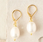 Rebecca Accessories- Pearl Leverback Earrings in Gold