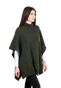 Aran Cowl Neck Irish Poncho ML145 Army Green SAOL Knitwear Side View