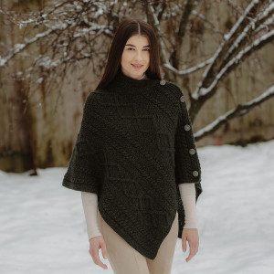 Cable Knit Cowl Neck Poncho ML906 Army Green SAOL Knitwear Front View