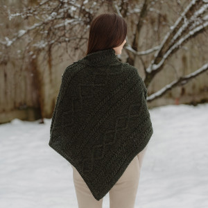 Cable Knit Cowl Neck Poncho ML906 Army Green SAOL Knitwear Reverse View