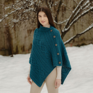 Cable Knit Cowl Neck Poncho ML906 Teal SAOL Knitwear Side View