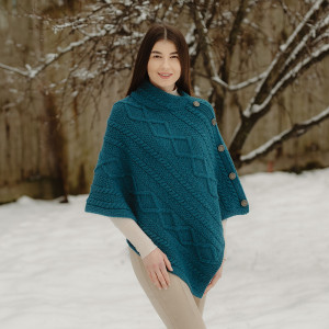 Cable Knit Cowl Neck Poncho ML906 Teal SAOL Knitwear Front View