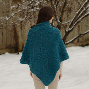Cable Knit Cowl Neck Poncho ML906 Teal SAOL Knitwear Reverse View