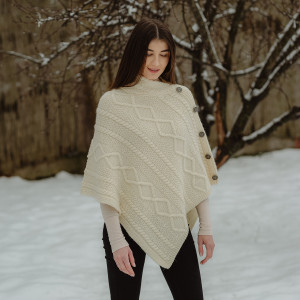 Cable Knit Cowl Neck Poncho ML906 Natural White SAOL Knitwear Front View