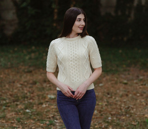 ML151 Short Sleeve Cable Sweater Natural SAOL Knitwear