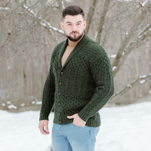 Mens Cable Shawl-Collar Cardigan MM904 Army Green SOAL Knitwear Side View