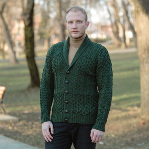 Mens Cable Shawl-Collar Cardigan MM904 Army Green SOAL Knitwear Front View