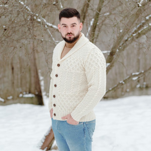 Mens Cable Shawl-Collar Cardigan MM904 Natural SOAL Knitwear Side View