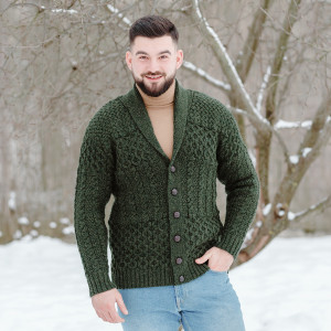 Mens Cable Shawl-Collar Cardigan MM904 Army Green SOAL Knitwear Front View
