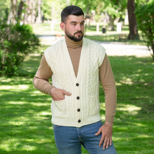 Mens Aran Sleeveless Cardigan MM207 Natural White SAOL Knitwear Front View