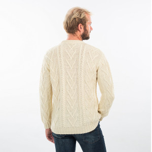 Mens Traditional Aran Crew Neck Sweater MM202 Natural White SAOL Knitwear Reverse View