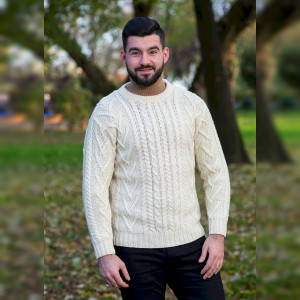 Mens Traditional Aran Crew Neck Sweater MM202 Natural White SAOL Knitwear Front View