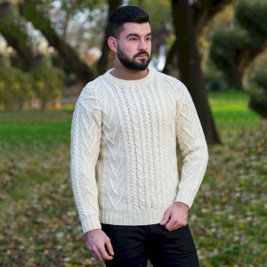 Mens Traditional Aran Crew Neck Sweater MM202 Natural White SAOL Knitwear Front View